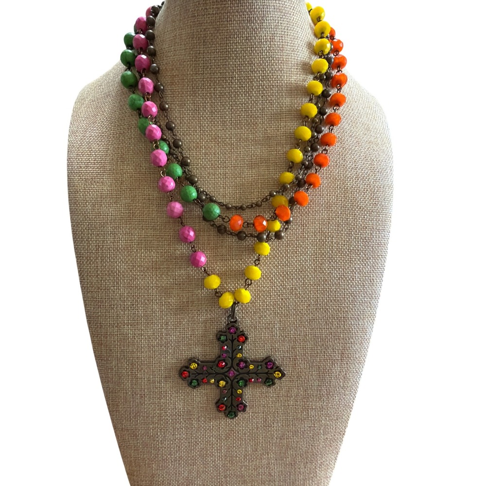 Pink Panache Multi Strand Neon Bead Cross Pendant Statement Necklace Bronze Tone